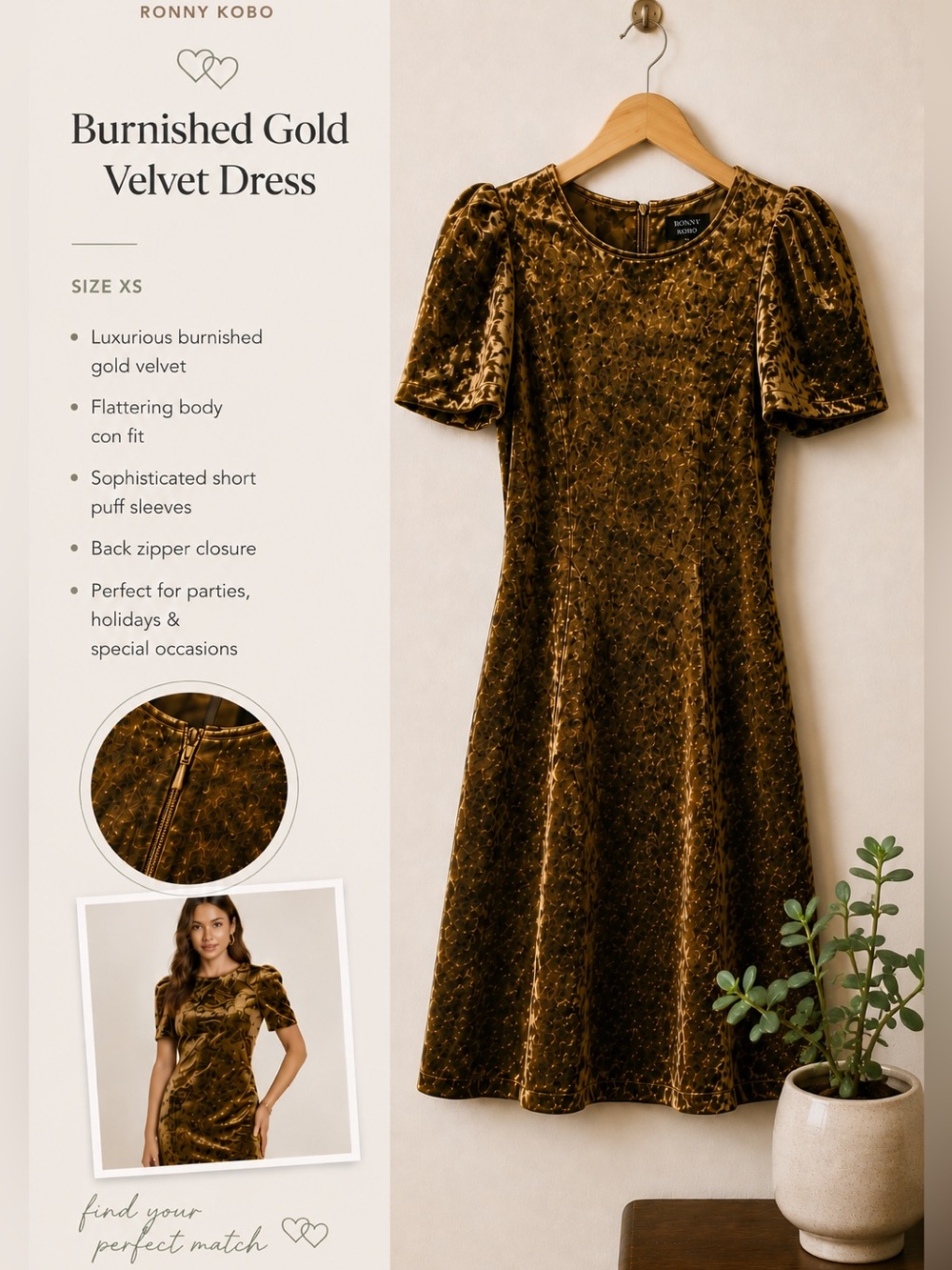 Torn by Ronny Kobo Burnished Gold Velvet Mini Dress